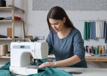 Frau näht Zeltplane an einer Nähmaschine im Arbeitsraum (NF)