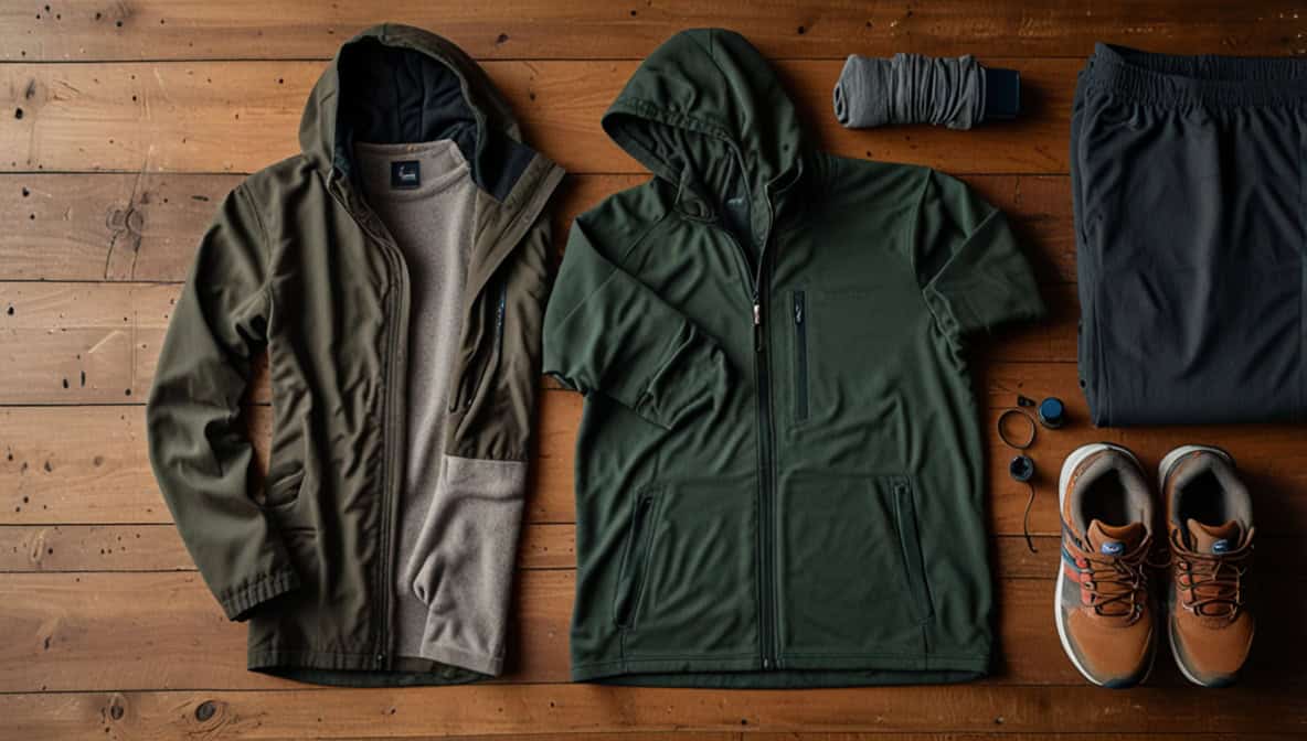 Camping Kleidung Must-haves – Merino-Baselayer, Regenjacke und Wanderhose als Flat Lay