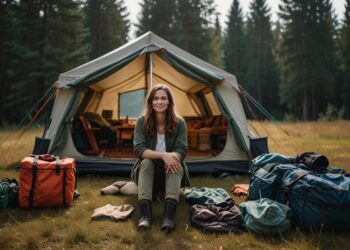 Camping Packliste Kleidung – Camperin vor dem Zelt mit übersichtlichem Gepäck