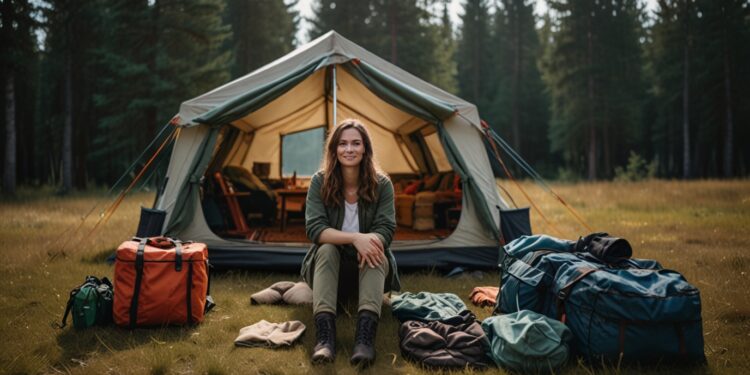 Camping Packliste Kleidung – Camperin vor dem Zelt mit übersichtlichem Gepäck