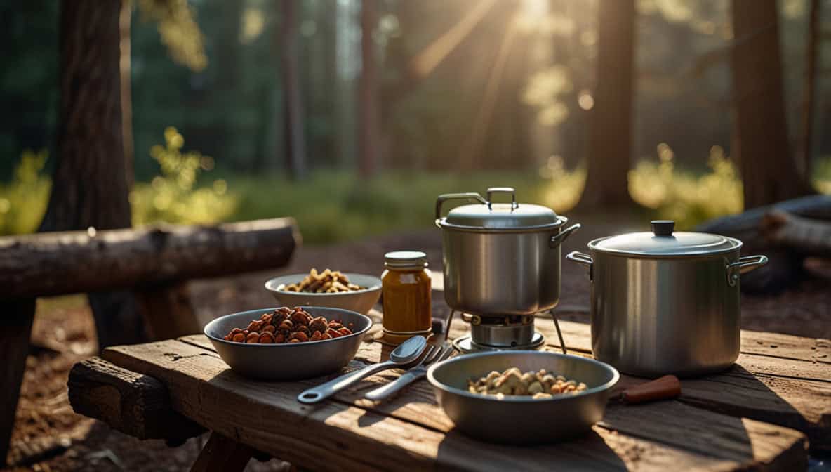 Camping Kochausrüstung – Gaskocher, Topf und Gewürze auf dem Campingplatz