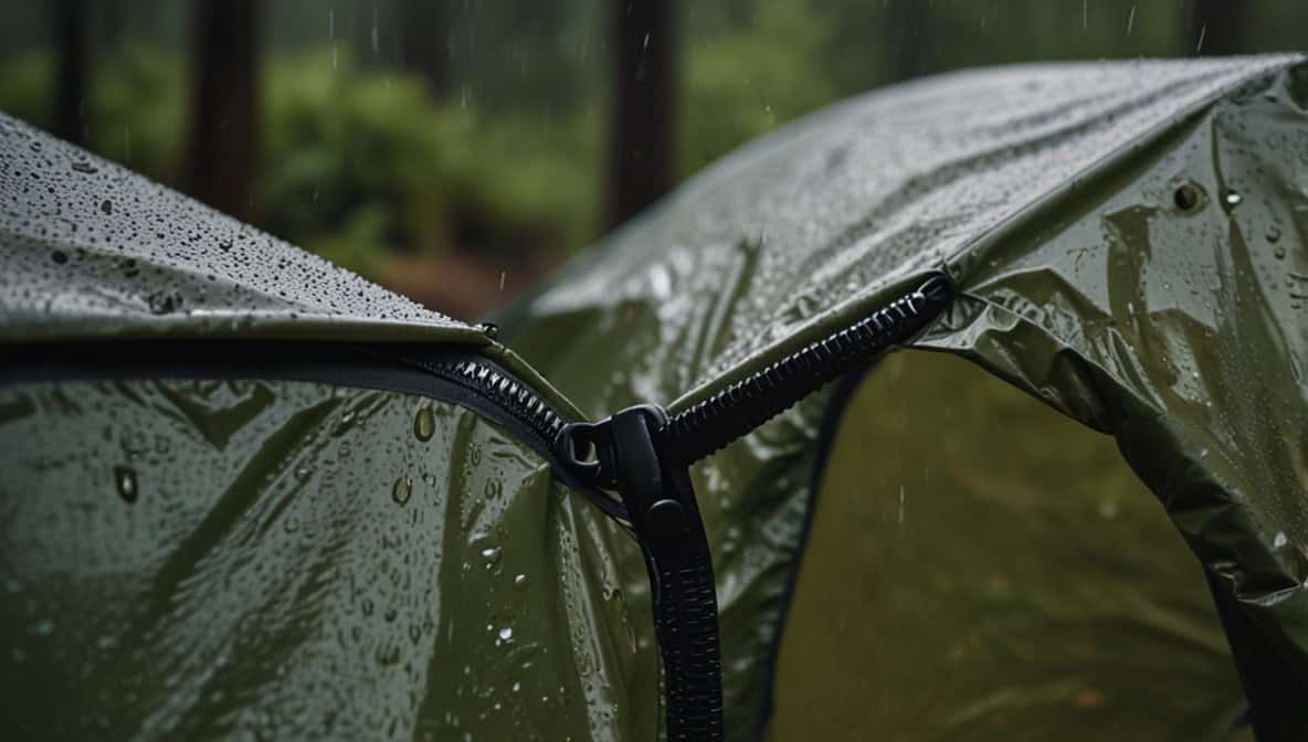 Zelteingang bei Regen – Wassertropfen auf wasserdichtem Zeltgewebe