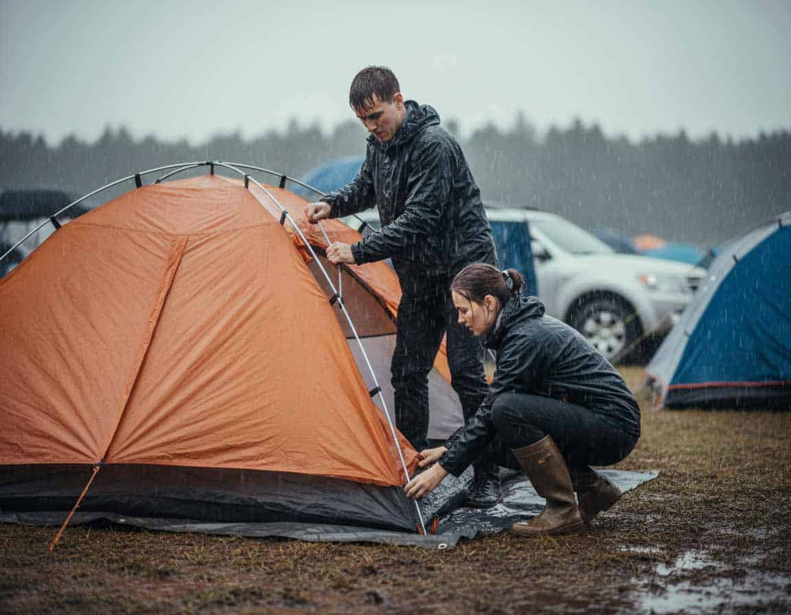 Bei Regenschauer ein Zelt aufbauen Bei Regenschauer ein Zelt aufbauen