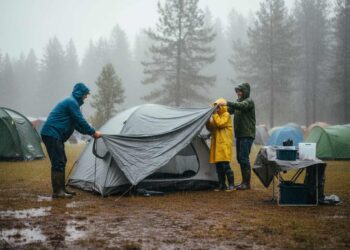 Zelt aufbauen bei Regen auf Campingplatz