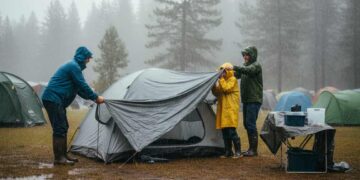 Zelt aufbauen bei Regen auf Campingplatz
