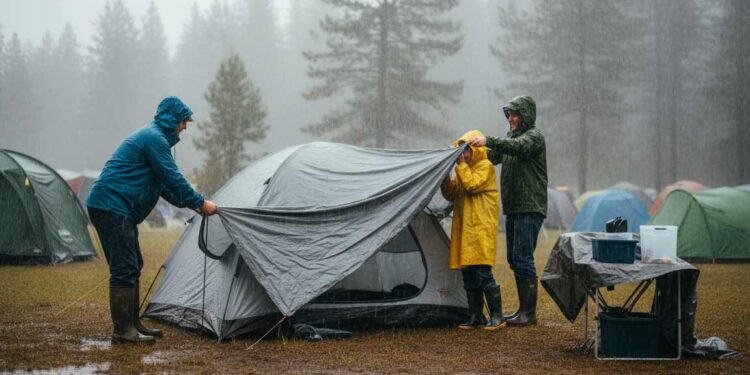 Zelt aufbauen bei Regen auf Campingplatz